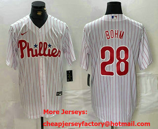 Men's Philadelphia Phillies #28 Alec Bohm White Pinstripe Stitched Cool Base Nike Jersey