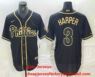 Men's Philadelphia Phillies #3 Bryce Harper Black Gold Cool Base Stitched Baseball Jersey