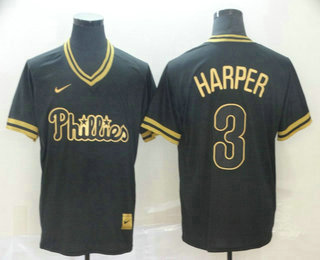 Men's Philadelphia Phillies #3 Bryce Harper Black Gold Nike Cooperstown Legend V Neck Jersey