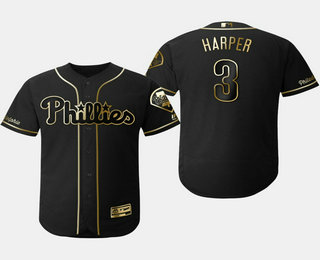 Men's Philadelphia Phillies #3 Bryce Harper Black Gold Stitched MLB Flex Base Jersey