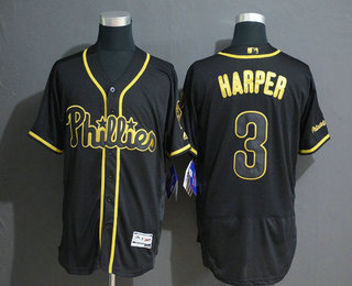 Men's Philadelphia Phillies #3 Bryce Harper Black Gold Stitched MLB Flex Base Jersey