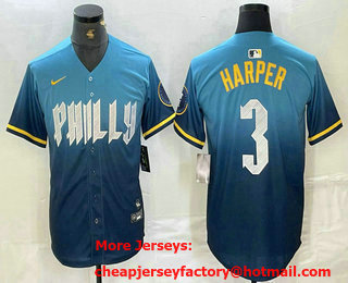 Men's Philadelphia Phillies #3 Bryce Harper Blue 2024 City Connect Limited Stitched Jersey