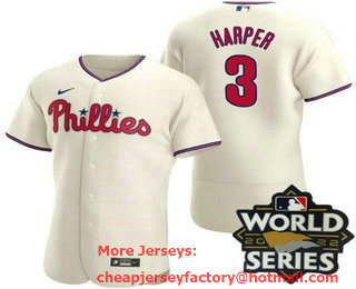Men's Philadelphia Phillies #3 Bryce Harper Cream 2022 World Series Authentic Jersey