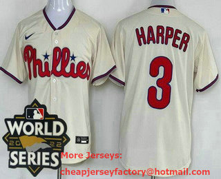 Men's Philadelphia Phillies #3 Bryce Harper Cream 2022 World Series Cool Base Jersey
