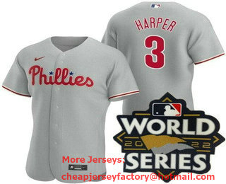 Men's Philadelphia Phillies #3 Bryce Harper Gray 2022 World Series Authentic Jersey
