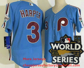 Men's Philadelphia Phillies #3 Bryce Harper Light Blue 2022 World Series Authentic Jersey