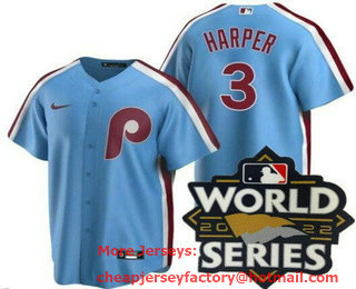 Men's Philadelphia Phillies #3 Bryce Harper Light Blue 2022 World Series Cool Base Jersey