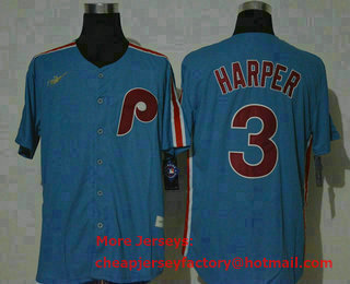 Men's Philadelphia Phillies #3 Bryce Harper Light Blue Cooperstown Collection Stitched MLB Nike Jersey