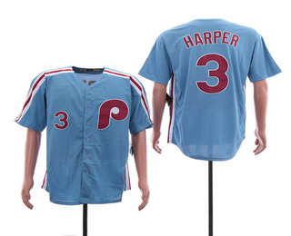 Men's Philadelphia Phillies #3 Bryce Harper Lilght Blue Front with Number 3 Throwback Stitched MLB Mitchell & Ness Jersey