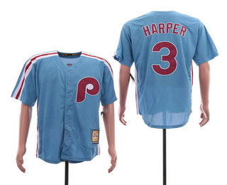 Men's Philadelphia Phillies #3 Bryce Harper Lilght Blue Throwback Stitched MLB Mitchell & Ness Jersey