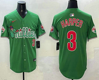 Men's Philadelphia Phillies #3 Bryce Harper Number Green Fashion Cool Base Jersey