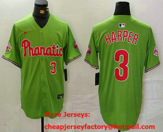 Men's Philadelphia Phillies #3 Bryce Harper Number Green With Patch Stitched Cool Base Nike Jersey