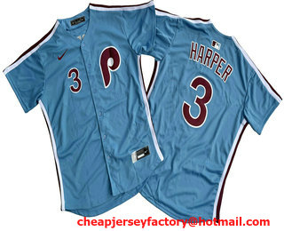 Men's Philadelphia Phillies #3 Bryce Harper Number Light Blue Cool Base Cooperstown Limited Jersey