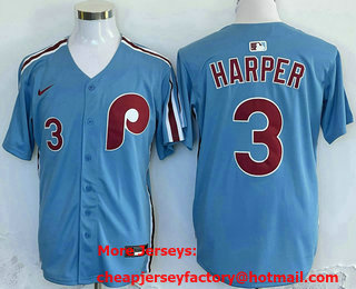 Men's Philadelphia Phillies #3 Bryce Harper Number Light Blue Cooperstown Stitched Limited Jersey