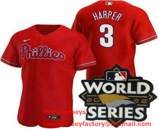 Men's Philadelphia Phillies #3 Bryce Harper Red 2022 World Series Authentic Jersey