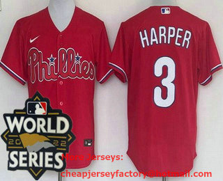 Men's Philadelphia Phillies #3 Bryce Harper Red 2022 World Series Cool Base Jersey