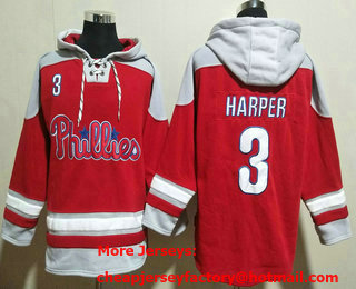 Men's Philadelphia Phillies #3 Bryce Harper Red Ageless Must Have Lace Up Pullover Hoodie
