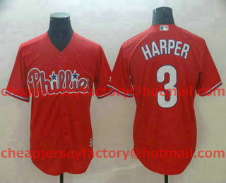Men's Philadelphia Phillies #3 Bryce Harper Red Stitched MLB Cool Base Jersey
