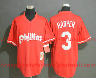 Men's Philadelphia Phillies #3 Bryce Harper Red Throwback Mesh Batting Practice Stitched MLB Mitchell & Ness Jersey
