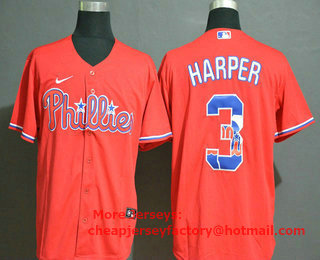 Men's Philadelphia Phillies #3 Bryce Harper Red Team Logo Stitched MLB Cool Base Nike Jersey