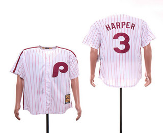 Men's Philadelphia Phillies #3 Bryce Harper White Pinstripe Cool Base Cooperstown Collection Jersey
