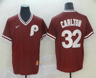 Men's Philadelphia Phillies #32 Steve Carlton Red Nike Cooperstown Collection Legend V Neck Jersey