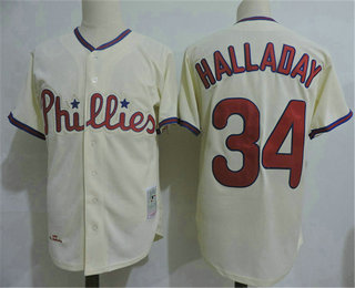 Men's Philadelphia Phillies #34 Roy Halladay Cream Throwback Stitched MLB Mitchell & Ness Jersey