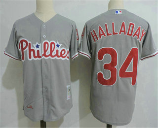 Men's Philadelphia Phillies #34 Roy Halladay Grey Throwback Stitched MLB Mitchell & Ness Jersey