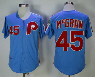 Men's Philadelphia Phillies #45 Tug McGraw Light Blue 1983 Throwback Stitched MLB Cooperstown Collection Jersey By Mitchell & Ness