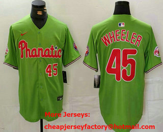 Men's Philadelphia Phillies #45 Zack Wheeler Number Green With Patch Stitched Cool Base Nike Jersey