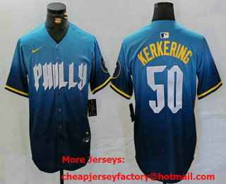 Men's Philadelphia Phillies #50 Orion Kerkering Blue 2024 City Connect Limited Stitched Jersey