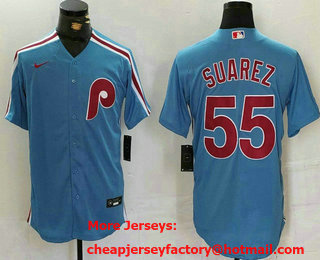 Men's Philadelphia Phillies #55 Ranger Suarez Light Blue Cooperstown Cool Base Jersey