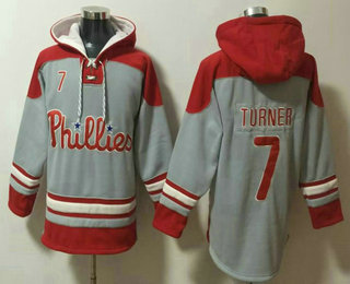 Men's Philadelphia Phillies #7 Trea Turner Grey Ageless Must Have Lace Up Pullover Hoodie