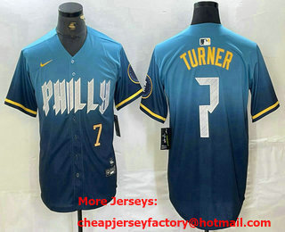 Men's Philadelphia Phillies #7 Trea Turner Number Blue 2024 City Connect Limited Stitched Jersey 02
