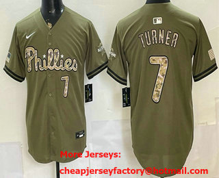 Men's Philadelphia Phillies #7 Trea Turner Olive 2026 Armed Forces Day Stitched Baseball Jersey