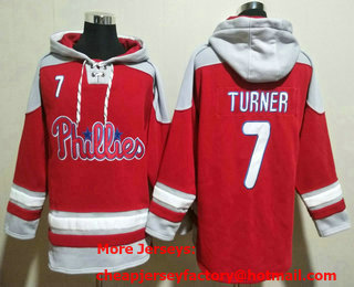 Men's Philadelphia Phillies #7 Trea Turner Red Ageless Must Have Lace Up Pullover Hoodie