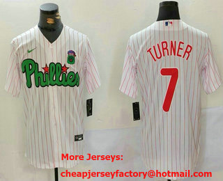 Men's Philadelphia Phillies #7 Trea Turner White Green Cool Base Stitched Jersey