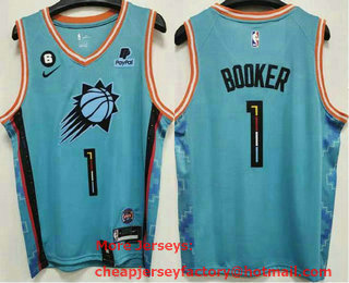 Men's Phoenix Suns #1 Devin Booker 2022 Blue City Edition With 6 Patch Stitched Jersey With Sponsor