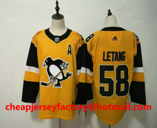 Men's Pittsburgh Penguins #58 Kris Letang Yellow Alternate Adidas Stitched NHL Jersey