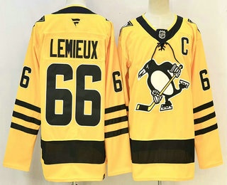 Men's Pittsburgh Penguins #66 Mario Lemieux Yellow Authentic Jersey