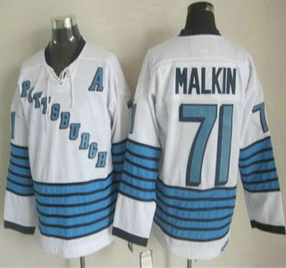 Men's Pittsburgh Penguins #71 Evgeni Malkin White Stripe CCM Vintage Throwback 1967 Home Jersey