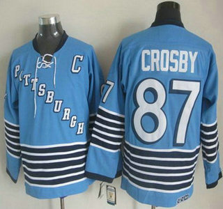 Men's Pittsburgh Penguins #87 Sidney Crosby Light Blue CCM Vintage Throwback 1967 Away Jersey