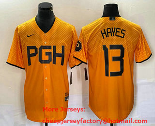 Men's Pittsburgh Pirates #13  KeBryan Hayes Yellow 2023 City Connect Stitched Jersey 02