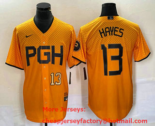 Men's Pittsburgh Pirates #13  KeBryan Hayes Number Yellow 2023 City Connect Stitched Jersey 02