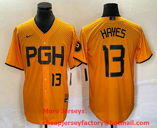 Men's Pittsburgh Pirates #13  KeBryan Hayes Number Yellow 2023 City Connect Stitched Jersey 03