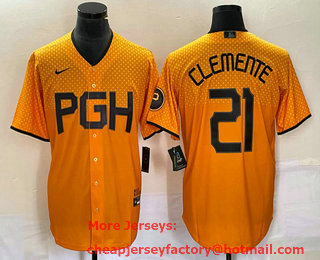 Men's Pittsburgh Pirates #21 Roberto Clemente Yellow 2023 City Connect Stitched Jersey 01