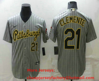 Men's Pittsburgh Pirates #21 Roberto Clemente Grey Pinstripe Throwback MLB Collection Nike Jersey