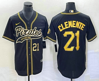 Men's Pittsburgh Pirates #21 Roberto Clemente Number Black Cool Base Stitched Baseball Jersey 02