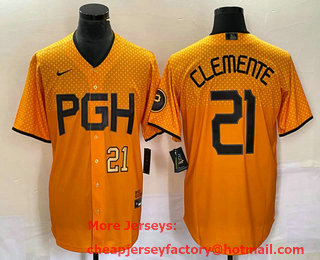 Men's Pittsburgh Pirates #21 Roberto Clemente Number Yellow 2023 City Connect Stitched Jersey 01