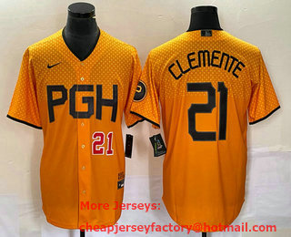 Men's Pittsburgh Pirates #21 Roberto Clemente Number Yellow 2023 City Connect Stitched Jersey 03